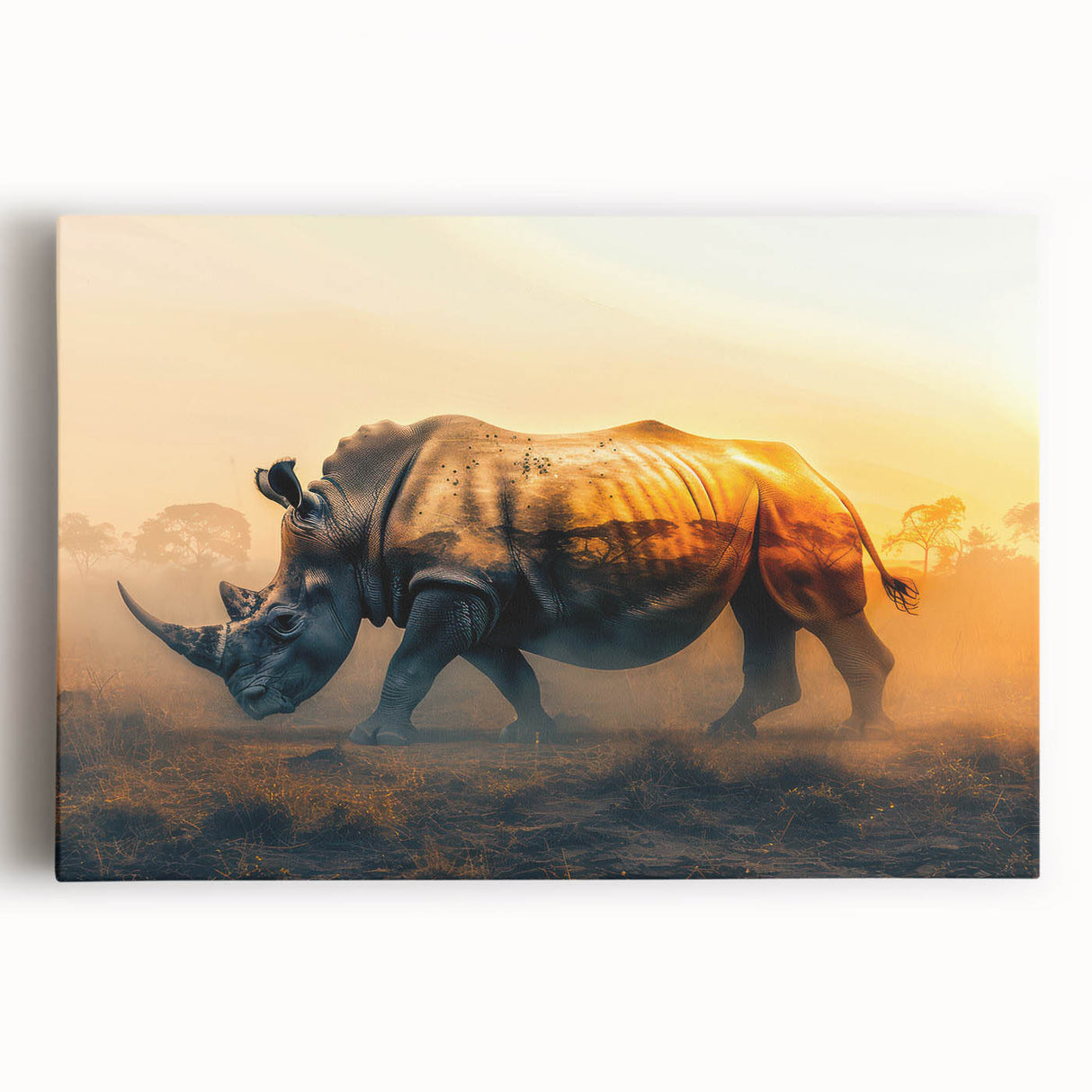 Front view of a striking rhino wall art design on stretched canvas, showcasing intricate details and natural textures, perfect for wildlife enthusiasts' home decor.