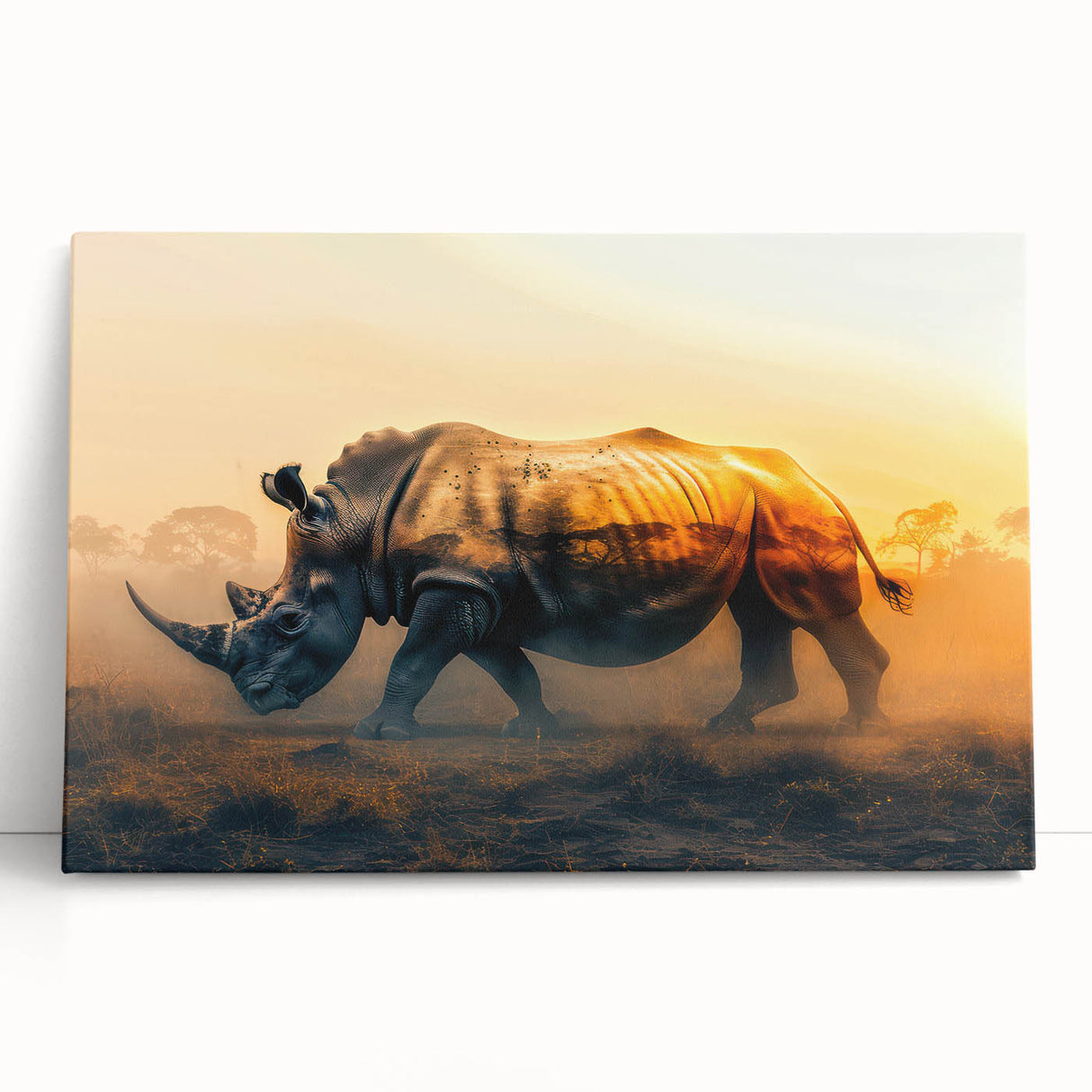Rhinoceros wall art design on stretched canvas, showcasing vibrant colors and intricate details, perfect for wildlife enthusiasts and home decor. Ideal for adding an artistic touch to any living space.