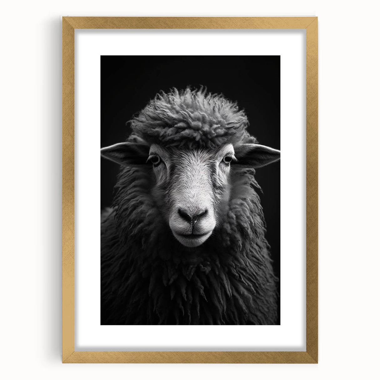 Framed wall art featuring a detailed sheep design from the "Animals: A Wild Life" collection, accented with a gold mat, showcasing a modern aesthetic for home decor.