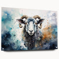 Side view of a modern acrylic wall art piece featuring a stylized sheep design, showcasing vibrant colors and intricate details, perfect for animal lovers and home decor.