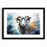 Framed wall art featuring a stylized sheep design from the 'Animals of the Wild' collection, presented in a sleek black frame with a mat, perfect for home décor.