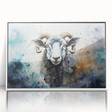 Framed wall art featuring a stylized sheep design in a modern white frame, showcasing intricate details and vibrant colors, perfect for animal lovers and home decor enthusiasts.