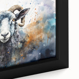 Close-up of a framed canvas wall art featuring a detailed illustration of a sheep in a wild landscape, showcasing vibrant colors and intricate textures, perfect for animal lovers and home decor enthusiasts.