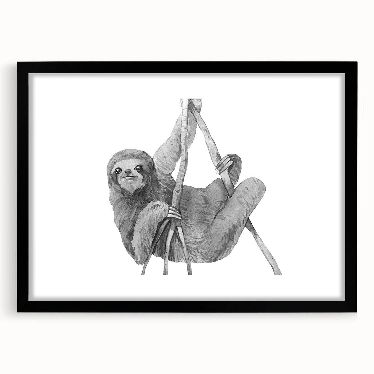 Framed wall art featuring a sloth design from the "Animals: A Wild Life" collection, showcased in a sleek black frame with a white mat, ideal for nature-themed decor.