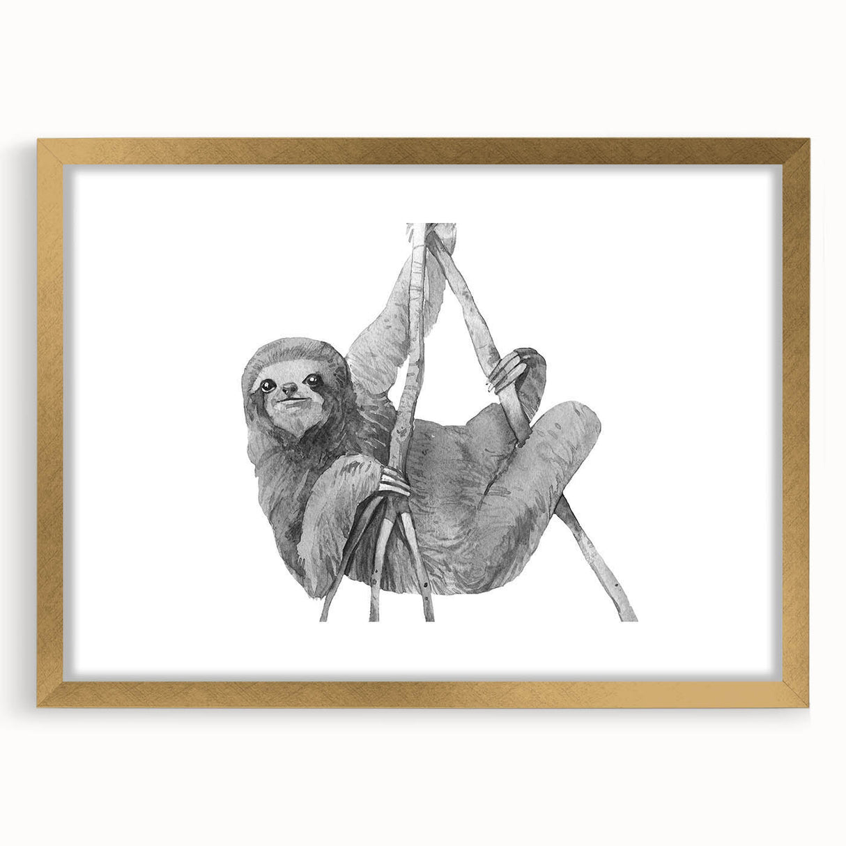 Framed wall art featuring a whimsical sloth design in vibrant colors, accented by a gold frame and mat, perfect for animal lovers and home decor enthusiasts.