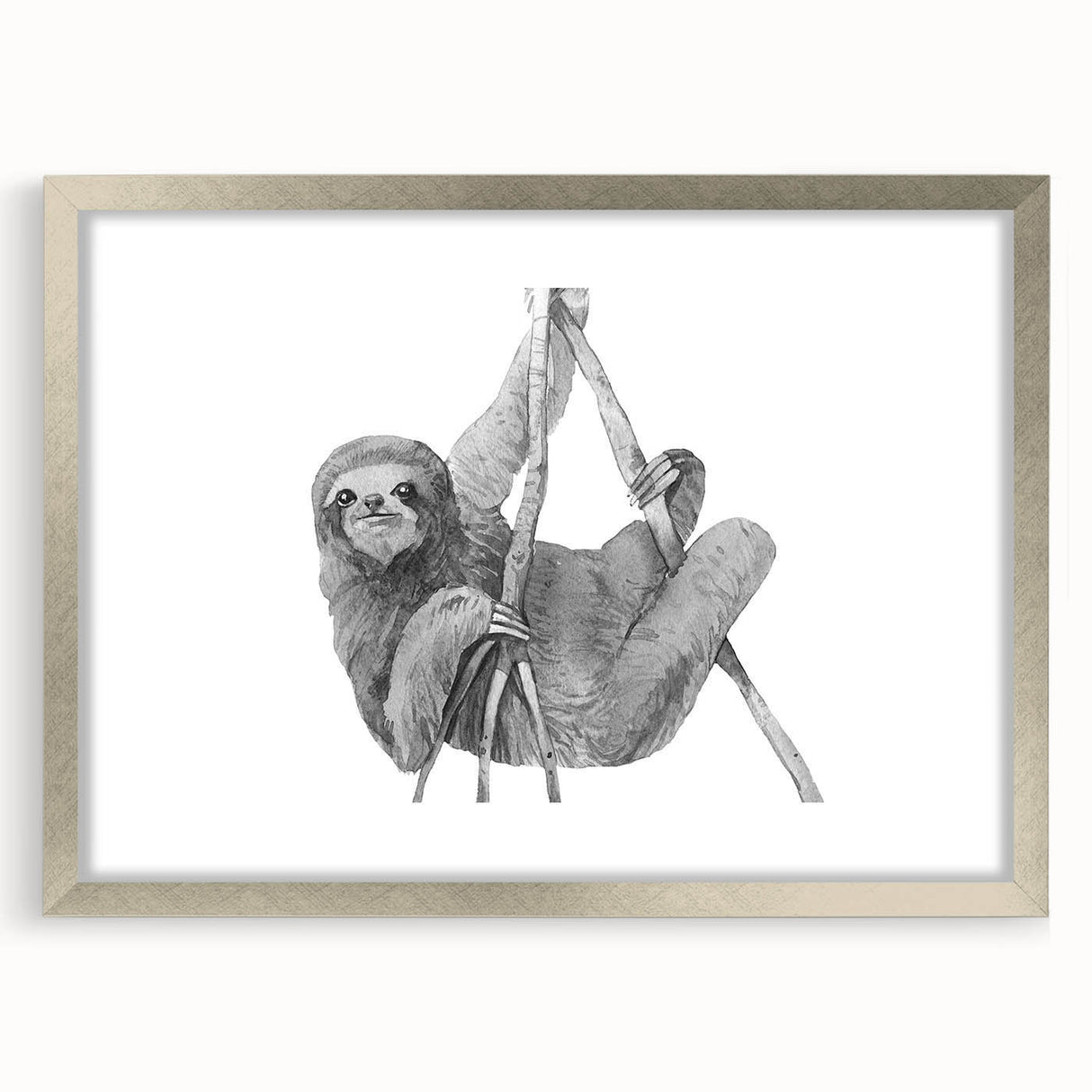 Framed wall art featuring a whimsical sloth design in a silver frame with a mat, showcasing vibrant colors and playful details, perfect for animal lovers' decor.