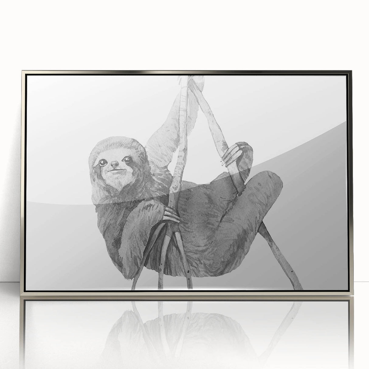 Framed wall art featuring a sloth design, showcasing vibrant colors and intricate details in acrylic, set against a sleek silver frame, ideal for animal lovers.