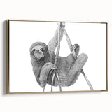 Framed canvas wall art featuring a whimsical sloth design in vibrant colors, set against a golden background, perfect for adding a playful touch to home decor.