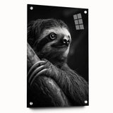 Acrylic glass wall art featuring a sloth design from the Animals A Wild Life collection, displayed from the side with metal pins for hanging, showcasing vibrant colors and detailed textures.
