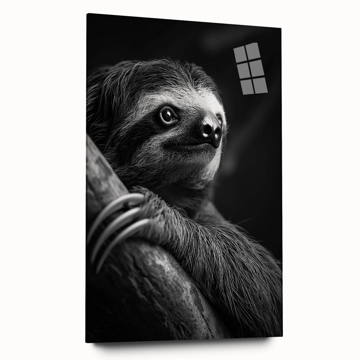 Side view of a sloth-themed wall art piece, showcasing a vibrant acrylic glass design featuring detailed wildlife imagery, perfect for nature lovers’ decor.