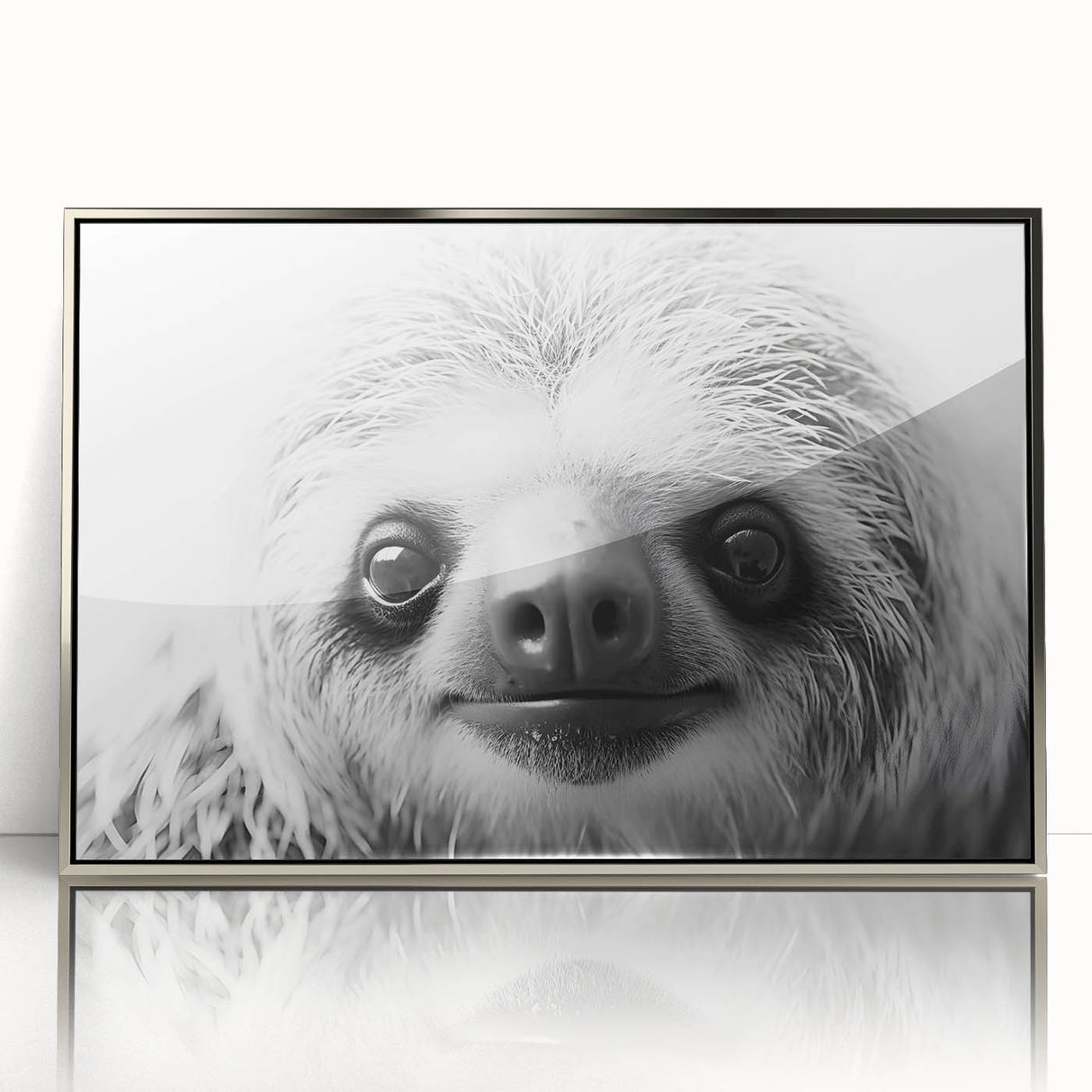Framed wall art featuring a sloth design from the "Animals: A Wild Life" collection, displayed in a sleek silver frame with acrylic front for a modern touch.