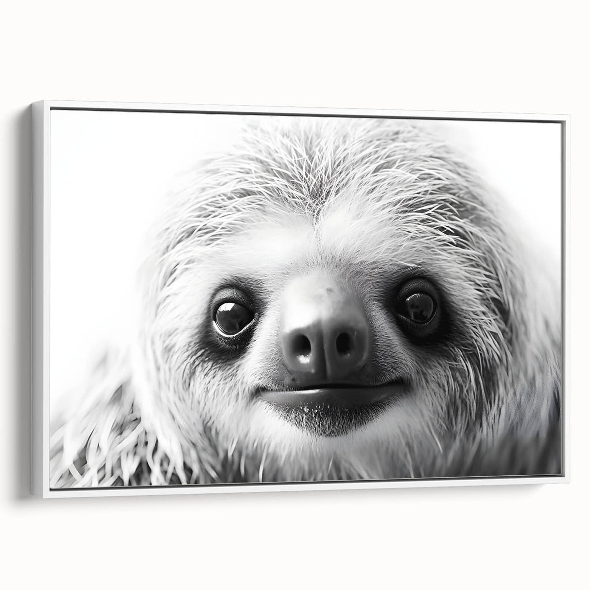 Framed wall art showcasing a sloth design on a white canvas, highlighting intricate details and vibrant colors, perfect for wildlife enthusiasts' decor.