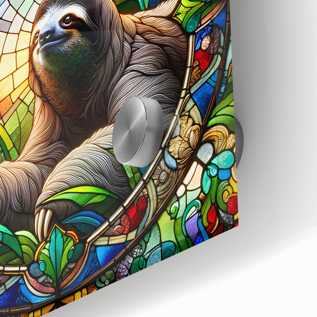 Close-up of a vibrant sloth design wall art piece, showcasing intricate details and colors on acrylic glass, perfect for animal lovers and unique home decor.