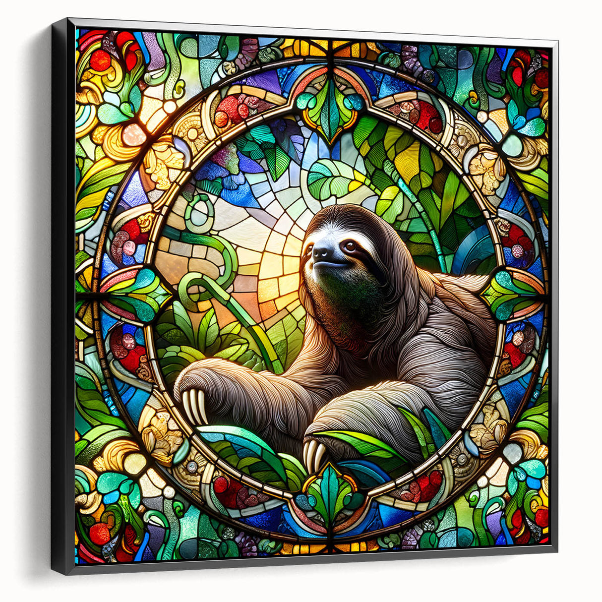 Framed canvas wall art featuring a sloth design from the 'Animals: A Wild Life' collection, with a sleek black frame, showcasing vibrant colors and intricate details, ideal for nature enthusiasts.