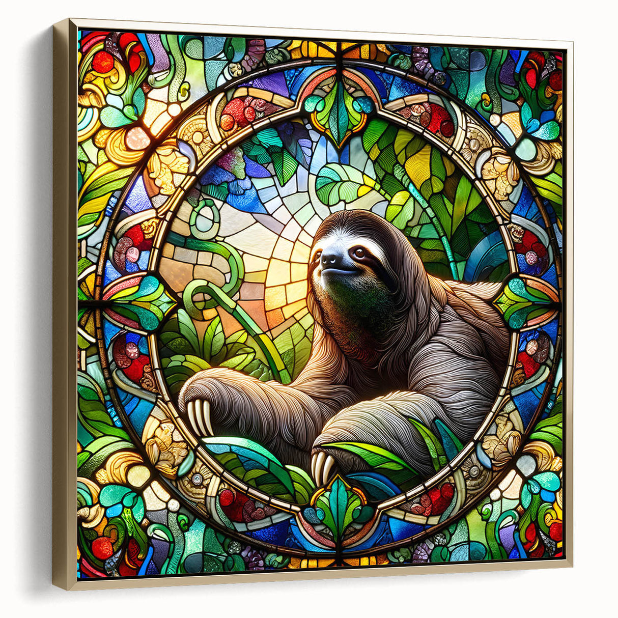 Framed wall art featuring a sloth design in a vibrant color palette, set against a gold background, showcasing a whimsical and playful aesthetic perfect for animal lovers.