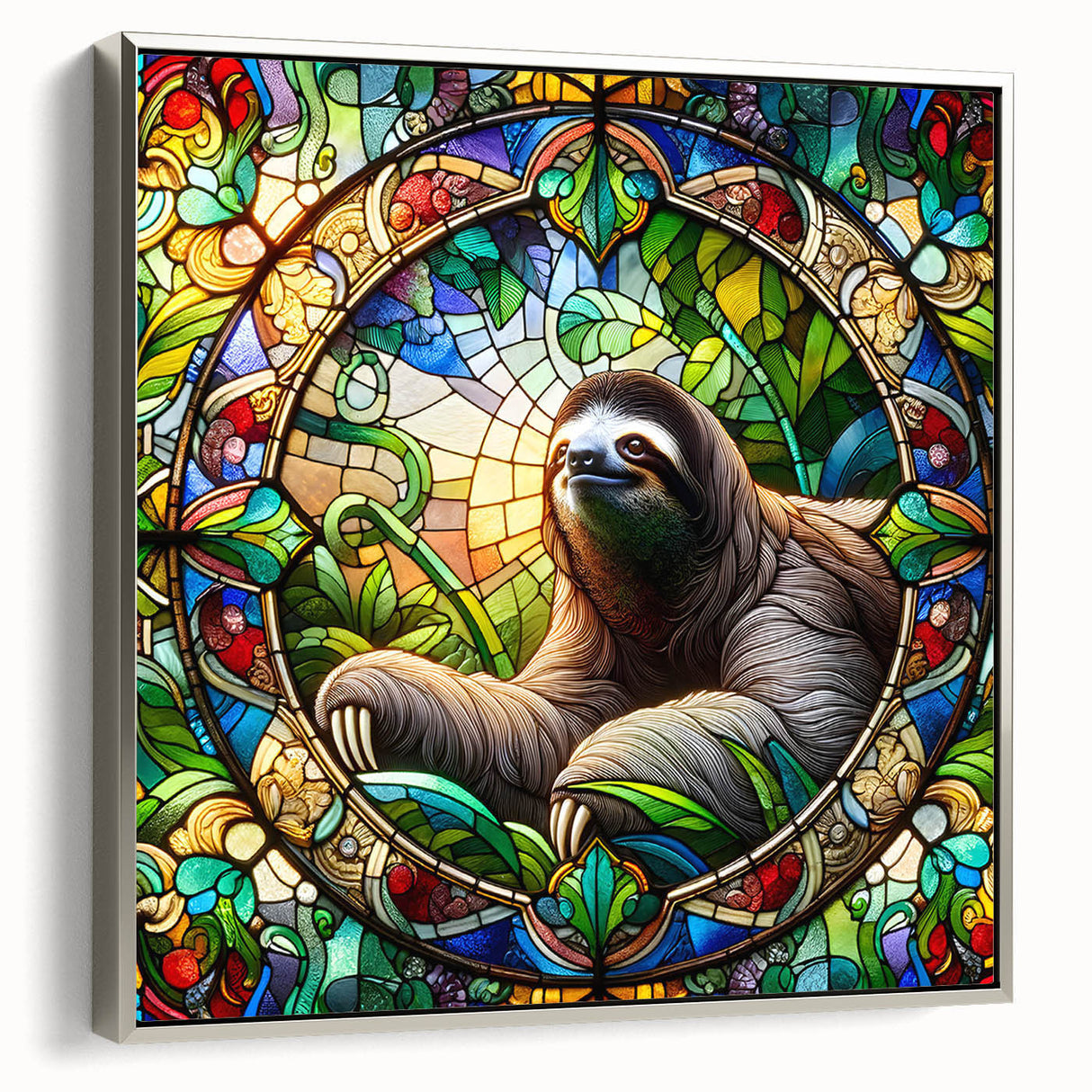 Framed wall art featuring a sloth design from the "Animals A Wild Life" collection, showcasing vibrant colors and intricate details against a sleek silver frame, perfect for nature enthusiasts.