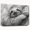 Close-up of a side view of a sloth-themed acrylic wall art piece showcasing vibrant colors and intricate design details, mounted with decorative pins, ideal for animal lovers.