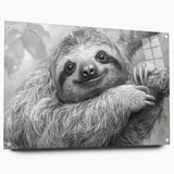 Close-up of a side view of a sloth-themed acrylic wall art piece showcasing vibrant colors and intricate design details, mounted with decorative pins, ideal for animal lovers.