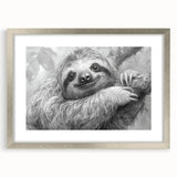 Front view of a silver-framed wall art piece showcasing a whimsical sloth design, part of the "Animals: A Wild Life" collection, perfect for nature-themed decor.