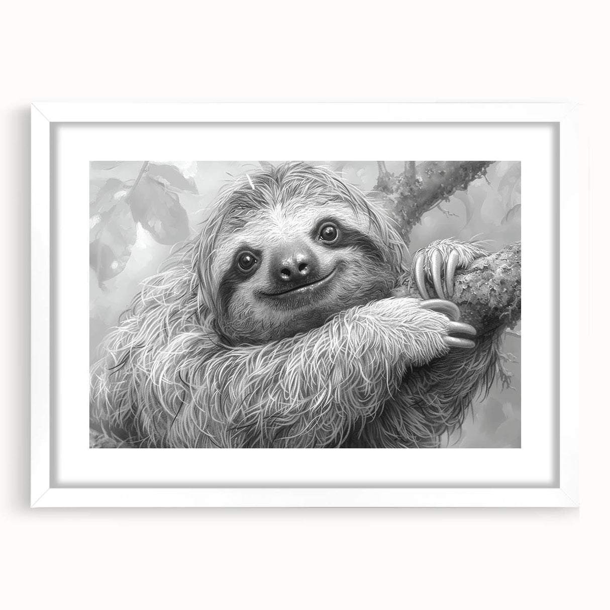Sloth-themed wall art framed in white matting, showcasing a detailed illustration of a sloth hanging from a tree branch, perfect for animal lovers and nature enthusiasts.