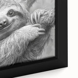 Close-up of a framed canvas wall art depicting a colorful sloth design in a lush jungle setting, showcasing detailed textures and vibrant colors. Perfect for animal lovers and nature enthusiasts, this artwork adds a playful touch to home decor.