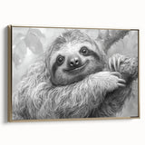 Framed canvas wall art featuring a sloth design from the 'Animals of the Wild' collection, showcasing vibrant colors and gold accents, ideal for nature lovers' decor.
