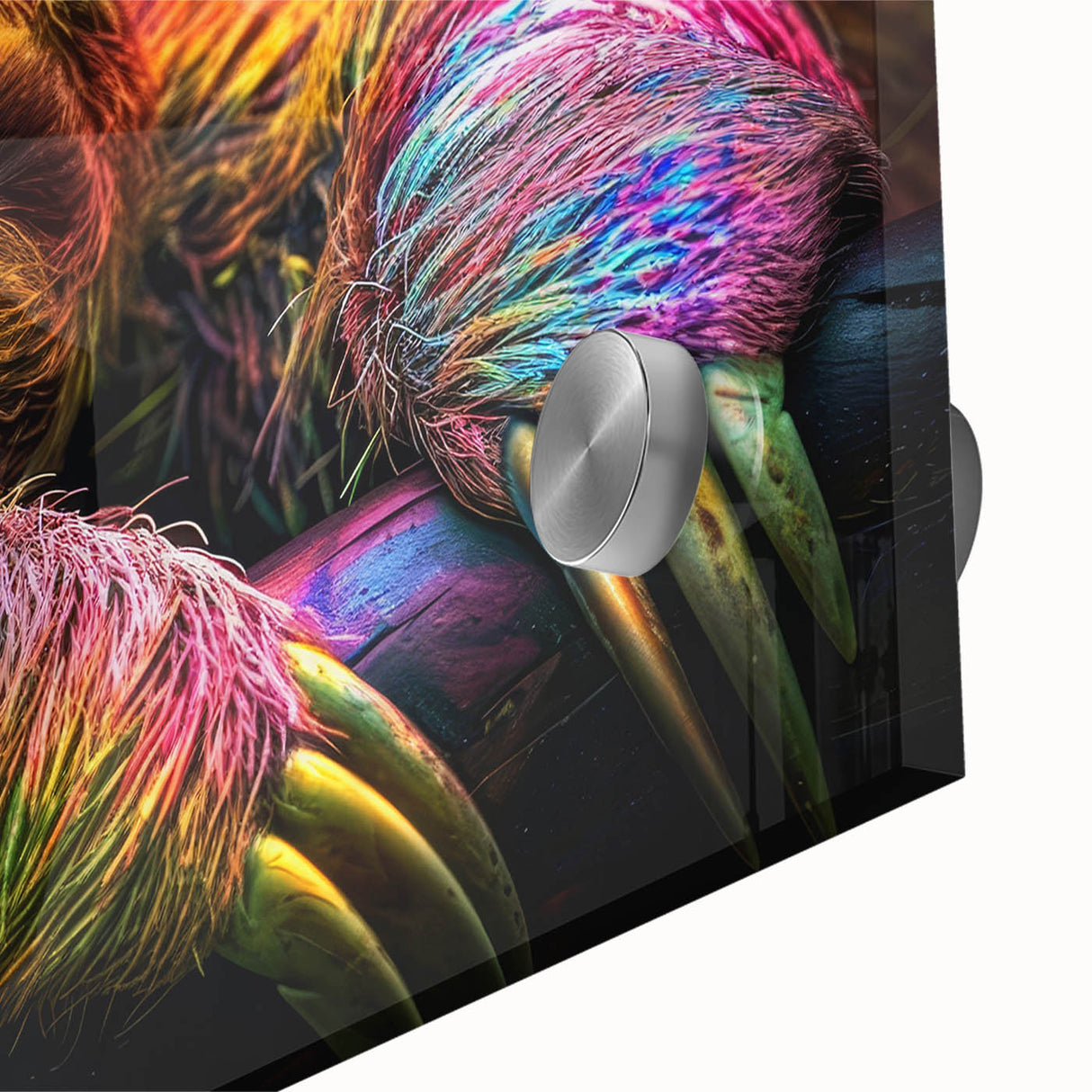 Close-up of a sloth-themed wall art design featuring vibrant colors and intricate details, printed on acrylic glass, perfect for wildlife enthusiasts and home decor.