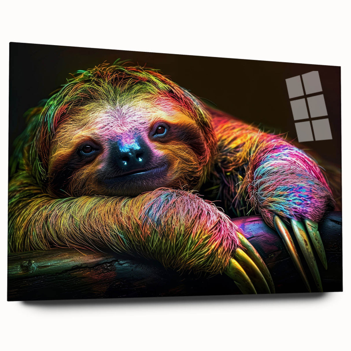 Side view of a sleek acrylic wall art piece featuring a whimsical sloth design, showcasing vibrant colors and intricate details, perfect for animal lovers' decor.