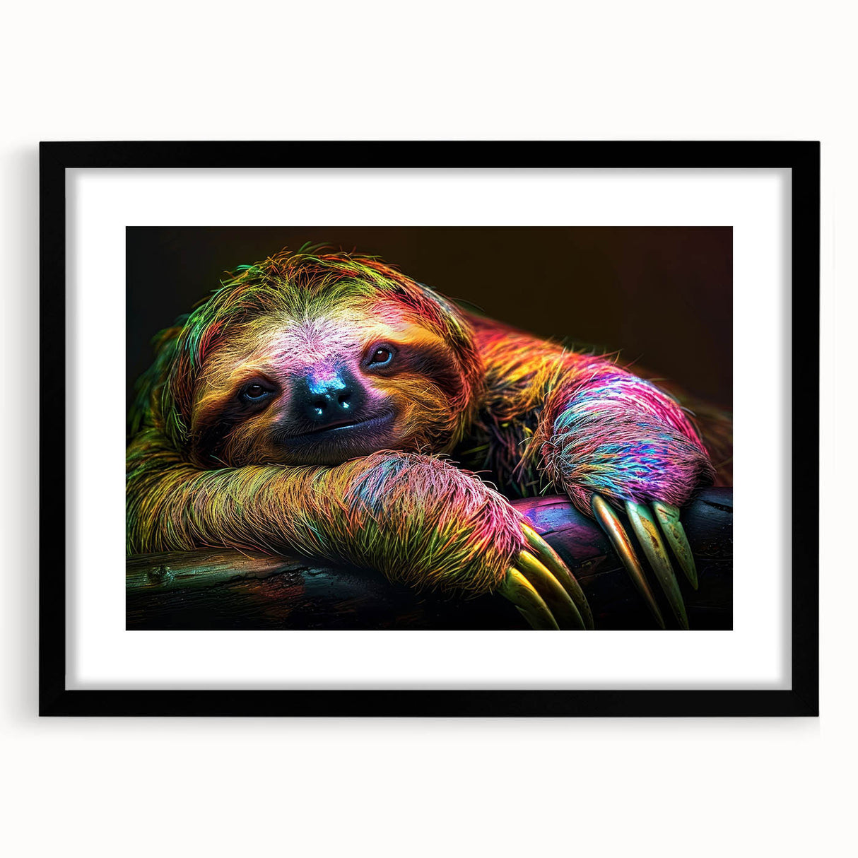 Framed wall art featuring a sloth design from the "Animals: A Wild Life" collection, set in a sleek black frame with a white mat, ideal for nature enthusiasts.