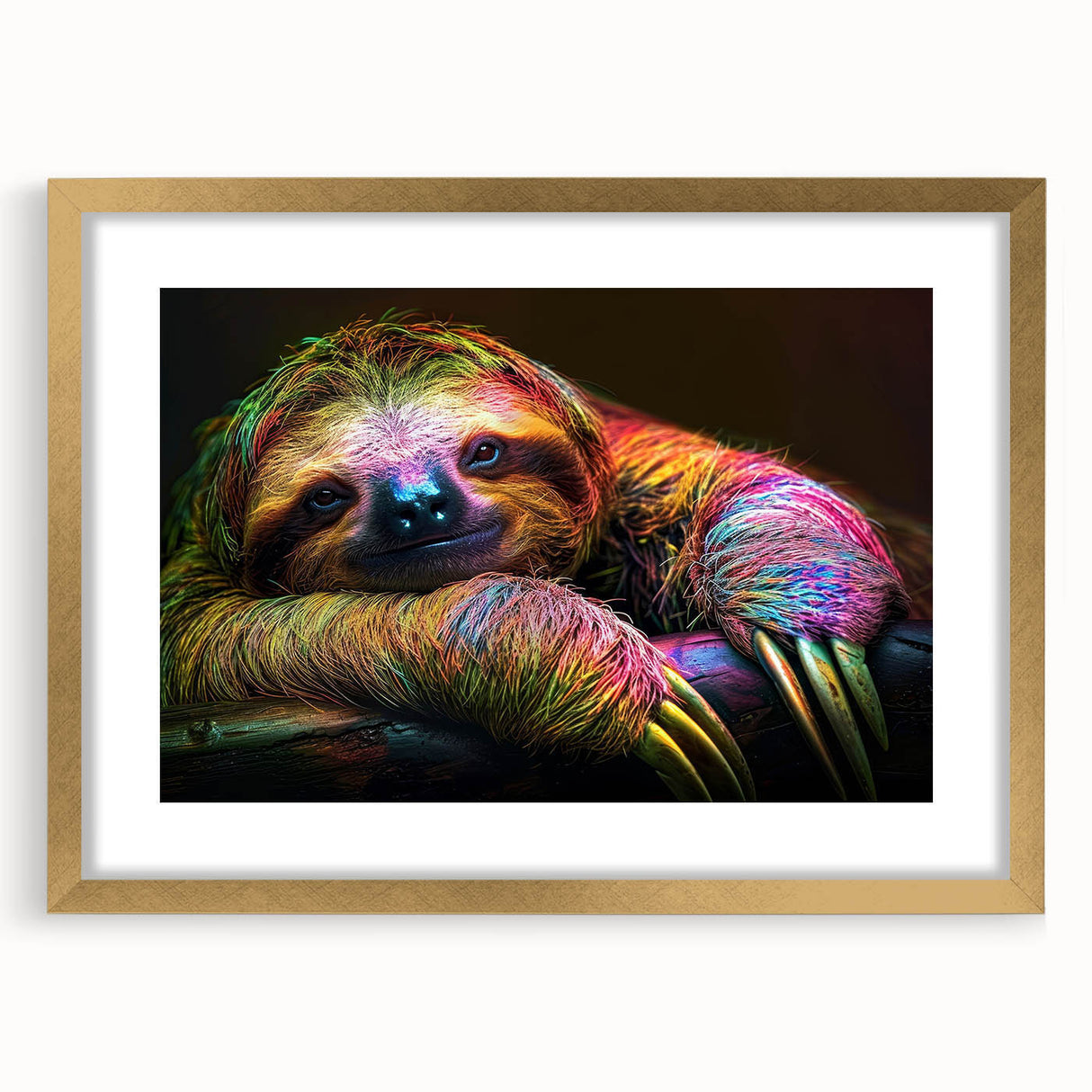 Framed wall art featuring a sloth design in a gold frame with a mat, showcasing a playful sloth surrounded by tropical foliage, perfect for animal lovers and home decor enthusiasts.