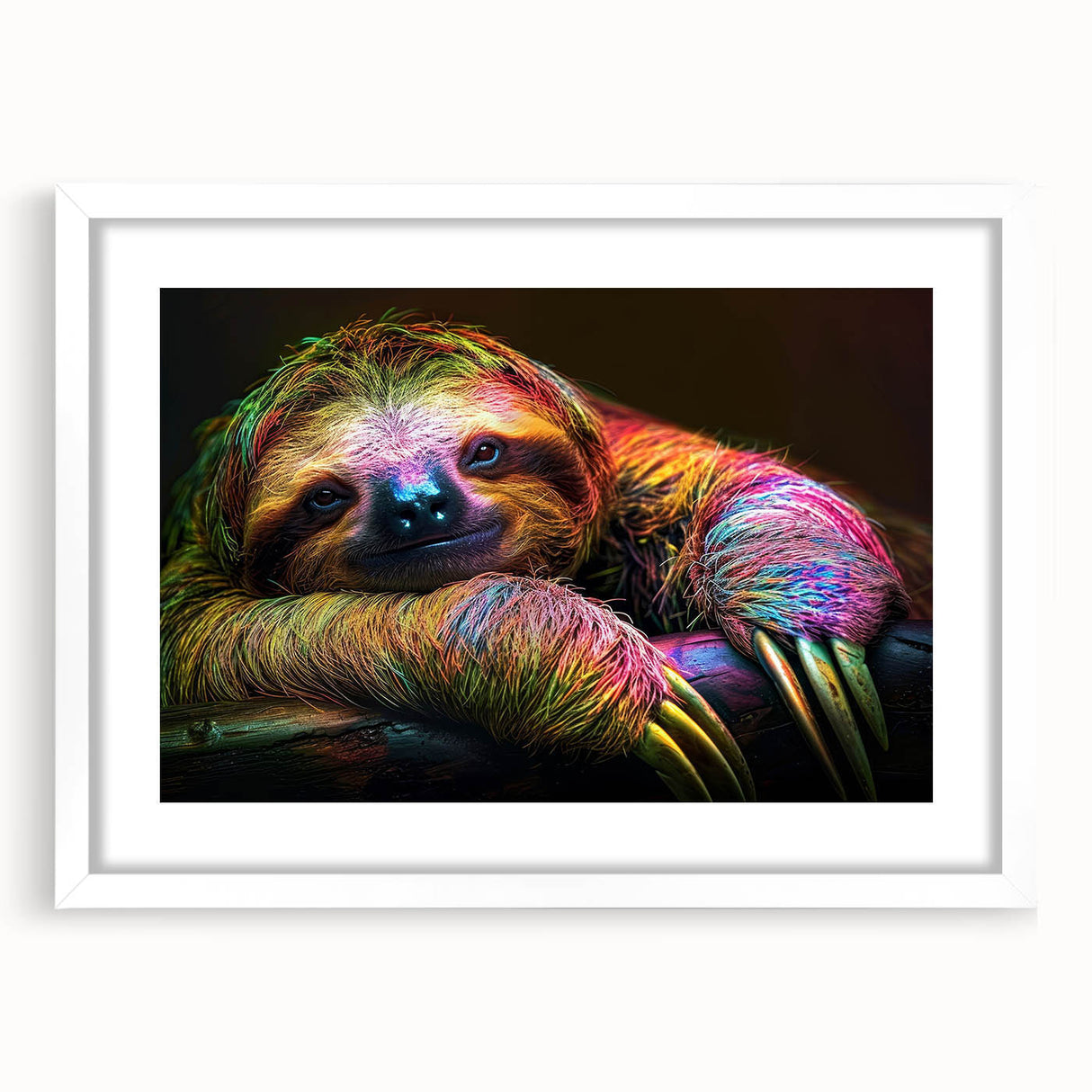 Sloth wall art design in a white frame with mat, showcasing a whimsical sloth illustration against a vibrant tropical background, perfect for animal-themed decor.