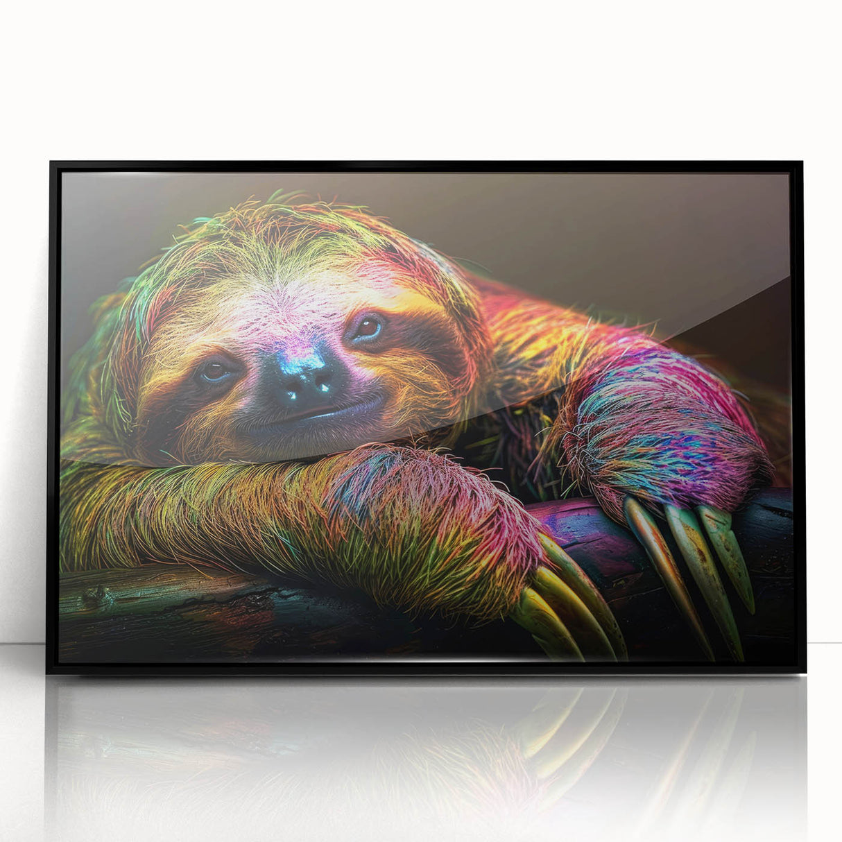 Framed sloth wall art design featuring a vibrant, colorful illustration of a sloth hanging from a branch, set against a black background, ideal for animal lovers.