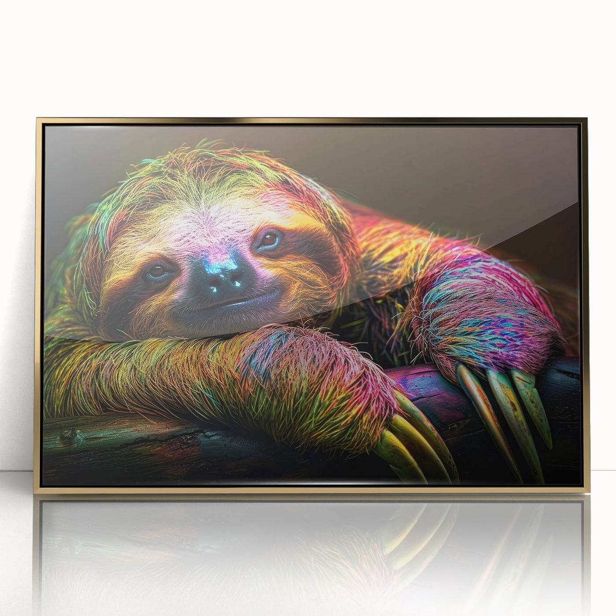 Framed wall art featuring a sloth design with vibrant colors, displaying intricate details and a stylish gold frame, perfect for animal lovers and home decor.