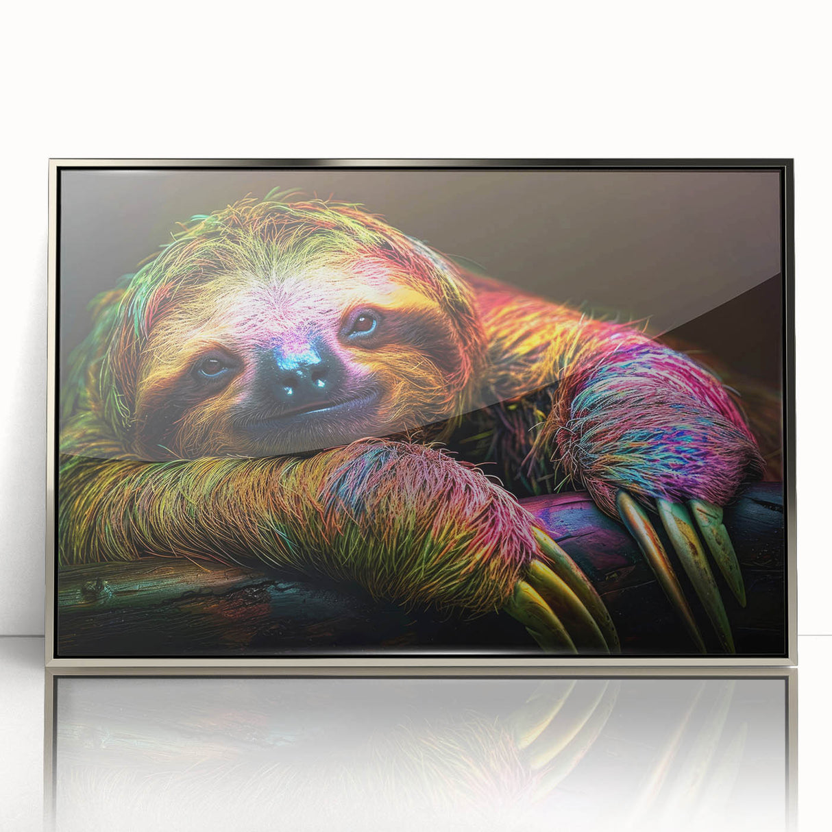 Framed wall art featuring a sloth design, showcasing vibrant colors and intricate details, presented in a sleek silver frame for modern decor. Perfect for animal lovers and nature enthusiasts.