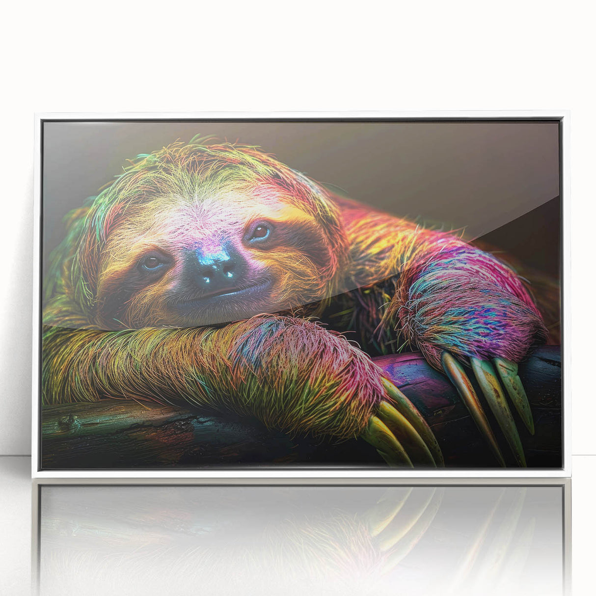 Framed wall art featuring a whimsical sloth design, showcasing vibrant colors on acrylic with a sleek white frame, perfect for animal lovers and home decor enthusiasts.