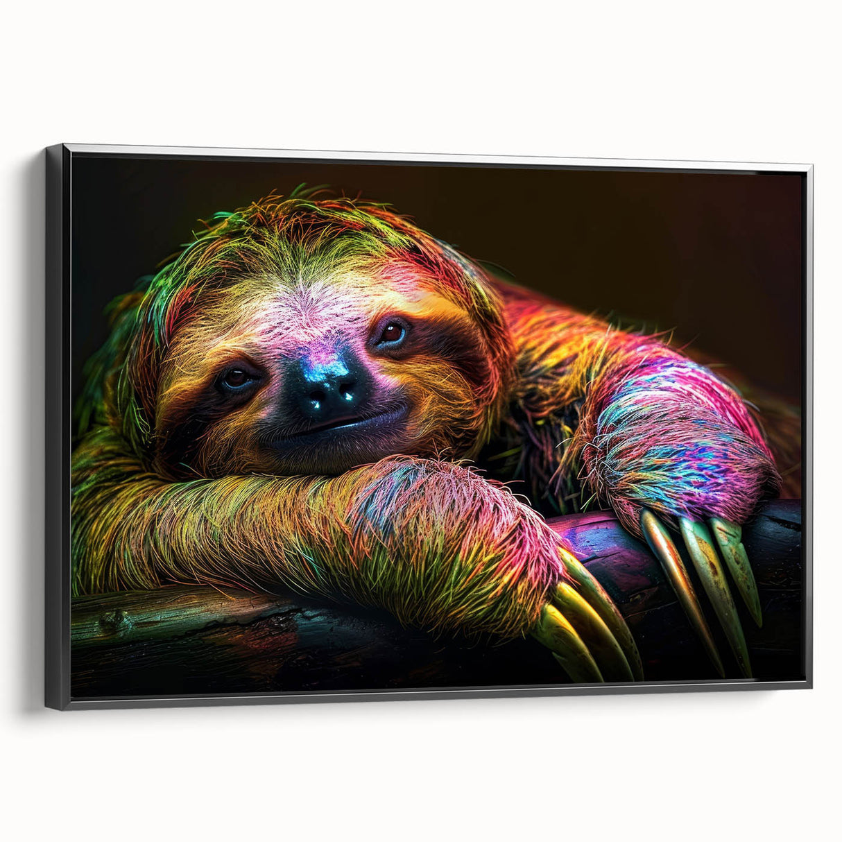 Framed wall art featuring a sloth design in a vibrant, colorful style, set against a sleek black frame, perfect for animal lovers and home decor enthusiasts.