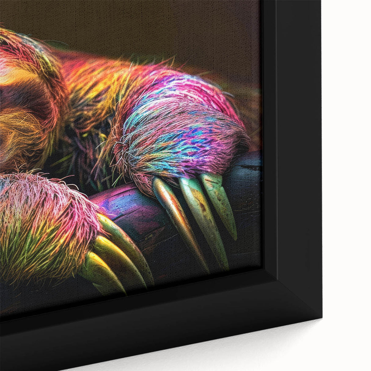 Close-up of a beautifully framed sloth wall art canvas, showcasing intricate details and vibrant colors, perfect for animal lovers and nature-inspired decor.