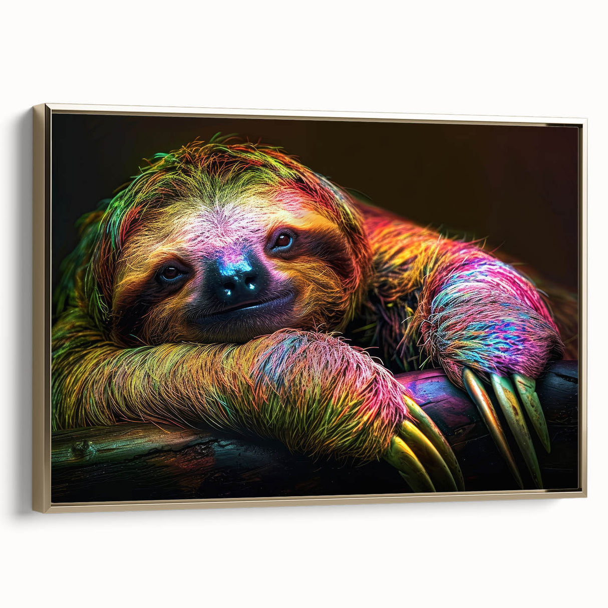 Framed canvas wall art showcasing a sloth design with a gold frame, ideal for nature lovers. The artwork features vibrant colors and intricate details, adding a whimsical touch to any room decor.