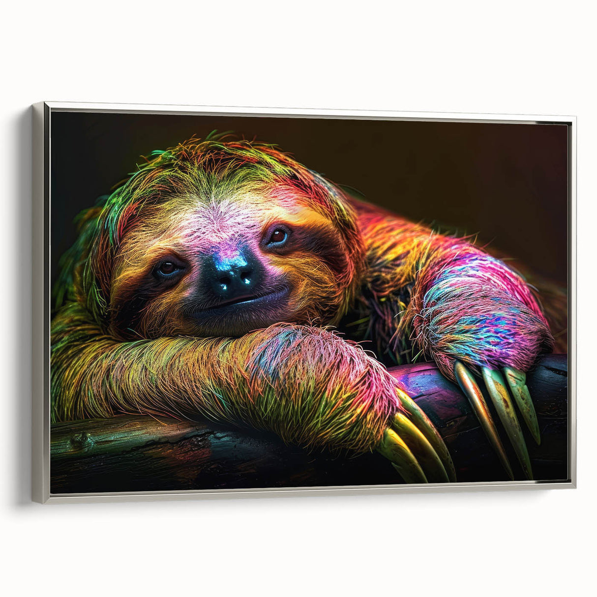 Framed canvas wall art showcasing a sloth design with intricate details, set against a silver background, ideal for nature lovers and home decor enthusiasts.