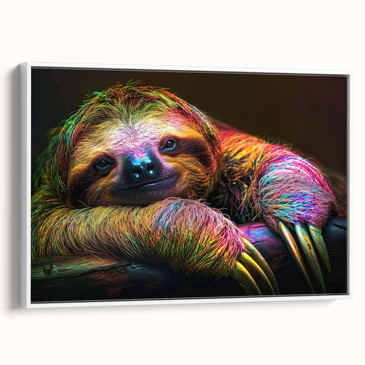 Framed canvas wall art featuring a sloth design in a vibrant, colorful illustration. The white frame enhances the playful nature of the artwork, ideal for animal lovers.