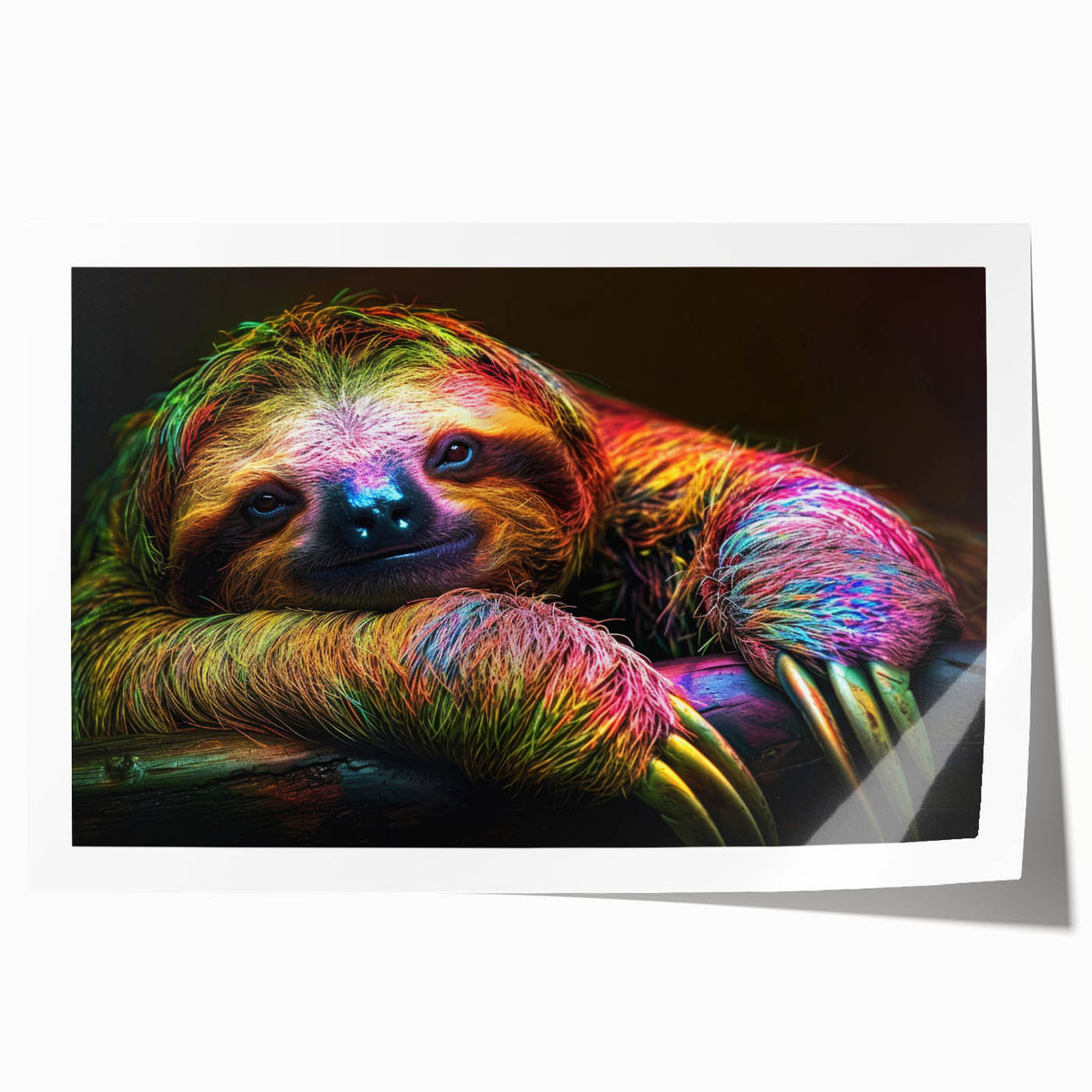 Sloth-themed wall art print featuring a colorful, detailed illustration of a sloth hanging from a branch, designed to add a whimsical touch to any room.