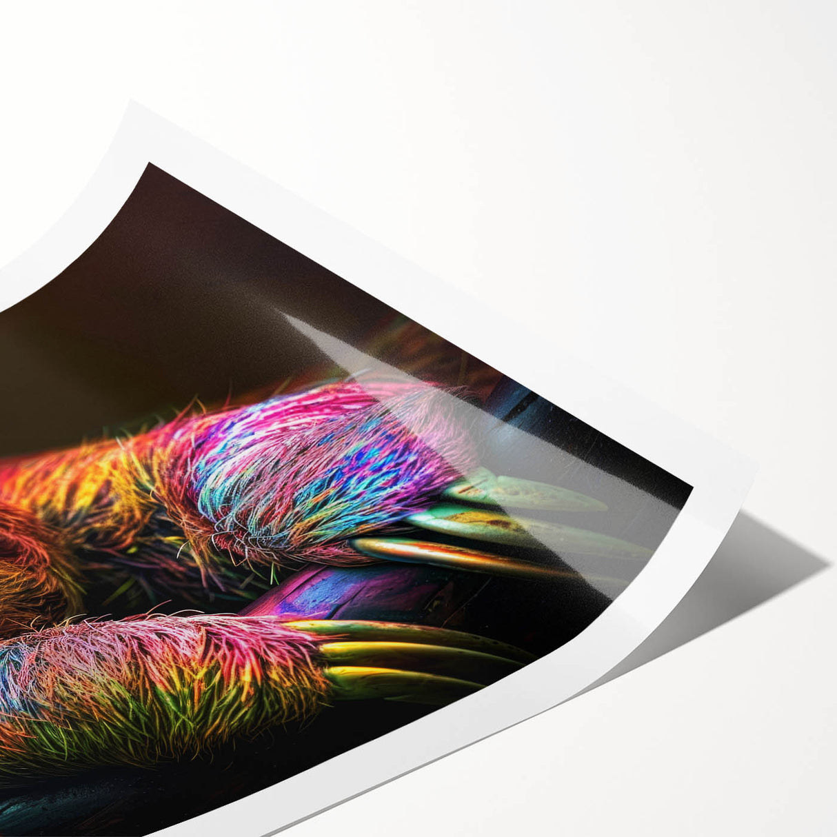 Sloth-themed wall art print showcasing a vibrant, whimsical design featuring a sloth hanging from a tree branch, ideal for nature lovers and home decor enthusiasts.
