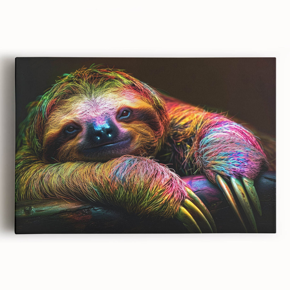 Sloth design stretched canvas wall art showcasing a colorful, whimsical illustration of a sloth hanging from a branch, perfect for animal lovers and home decor.