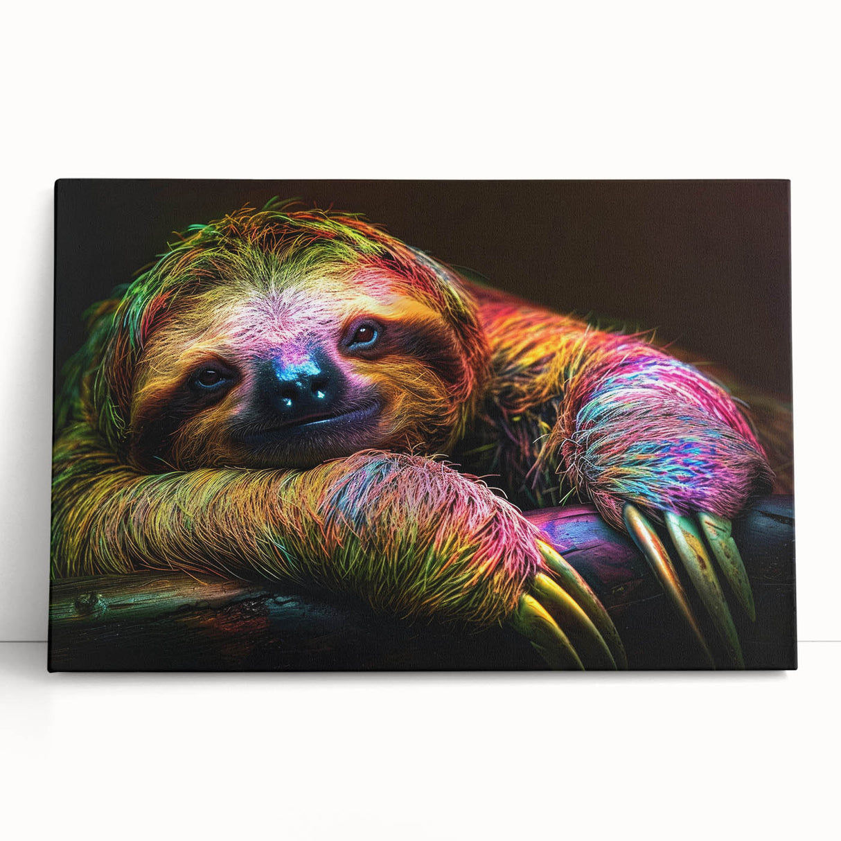 Stretched canvas wall art featuring a whimsical sloth design in vibrant colors, leaning against a wall, perfect for adding a playful touch to home decor.