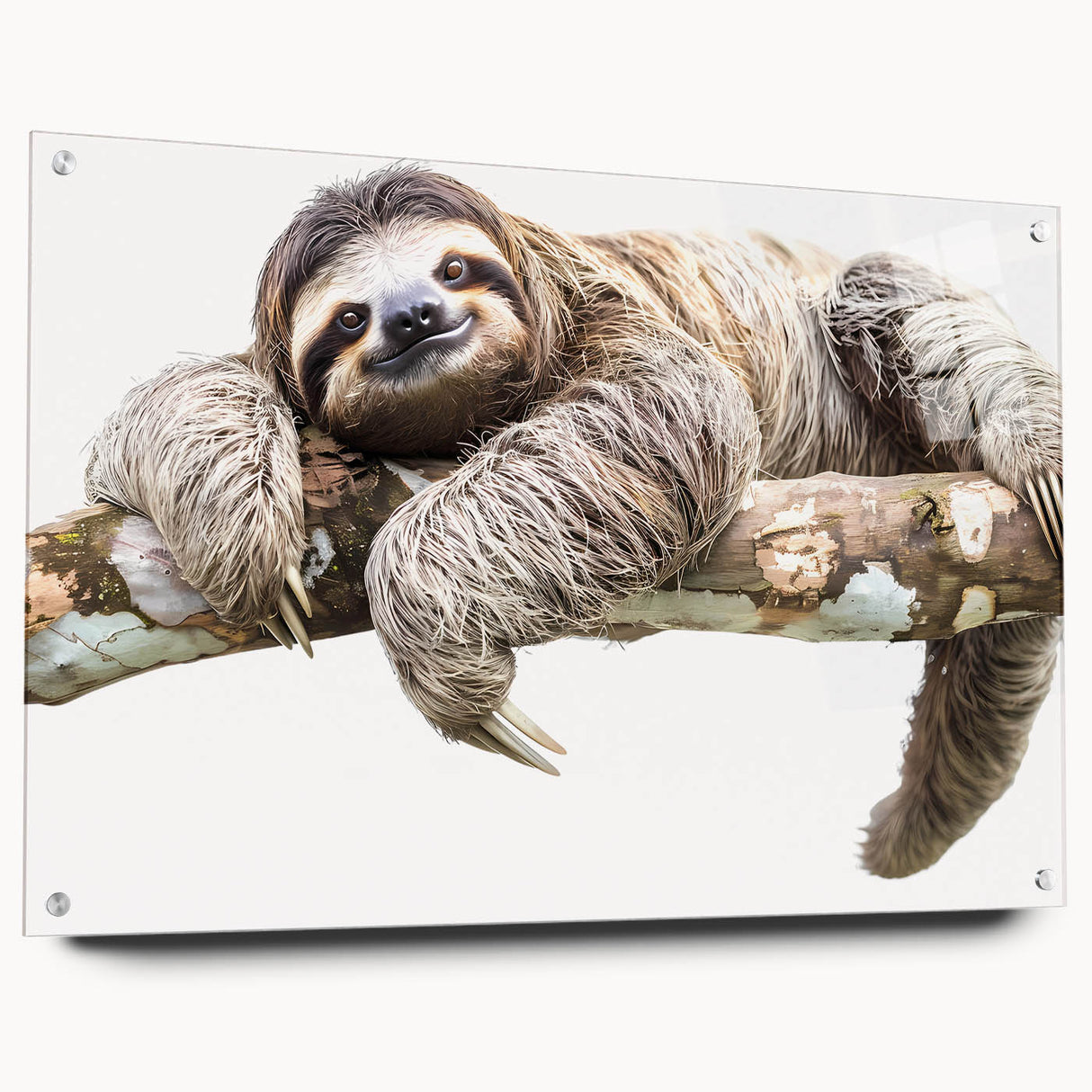 Acrylic glass wall art featuring a sloth design from the "Animals - A Wild Life" collection, showcased in a side view with mounting pins, ideal for animal lovers.