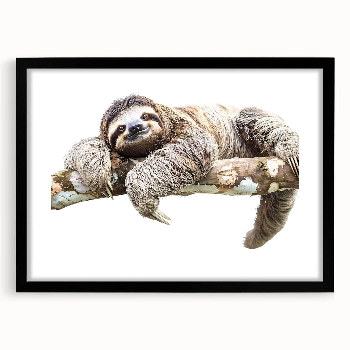 Sloth-themed wall art collection framed in black, showcasing a whimsical design with vibrant colors, perfect for animal lovers and home decor enthusiasts.