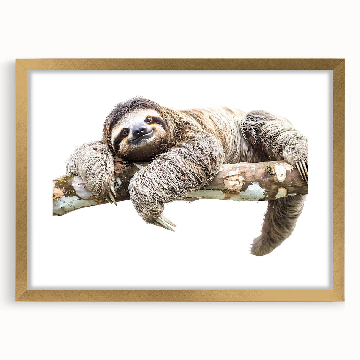 Sloth-themed wall art featuring a stylish gold frame and mat, showcasing a whimsical sloth design perfect for animal lovers. Ideal for home decor.