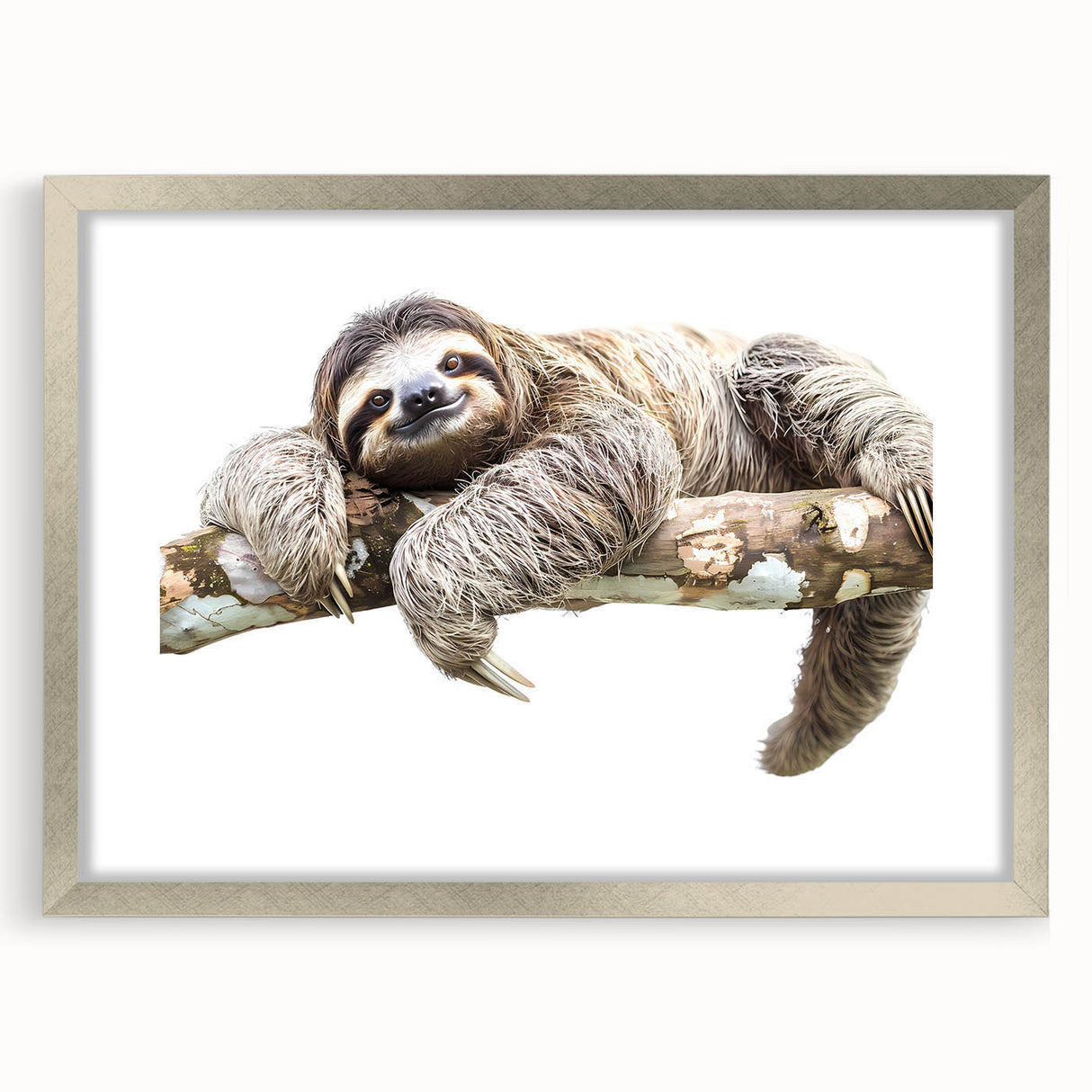 Silver-framed wall art featuring a whimsical sloth design, showcasing vibrant colors and intricate details, perfect for enhancing any nature-themed decor.