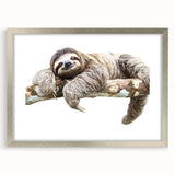 Silver-framed wall art featuring a whimsical sloth design, showcasing vibrant colors and intricate details, perfect for enhancing any nature-themed decor.