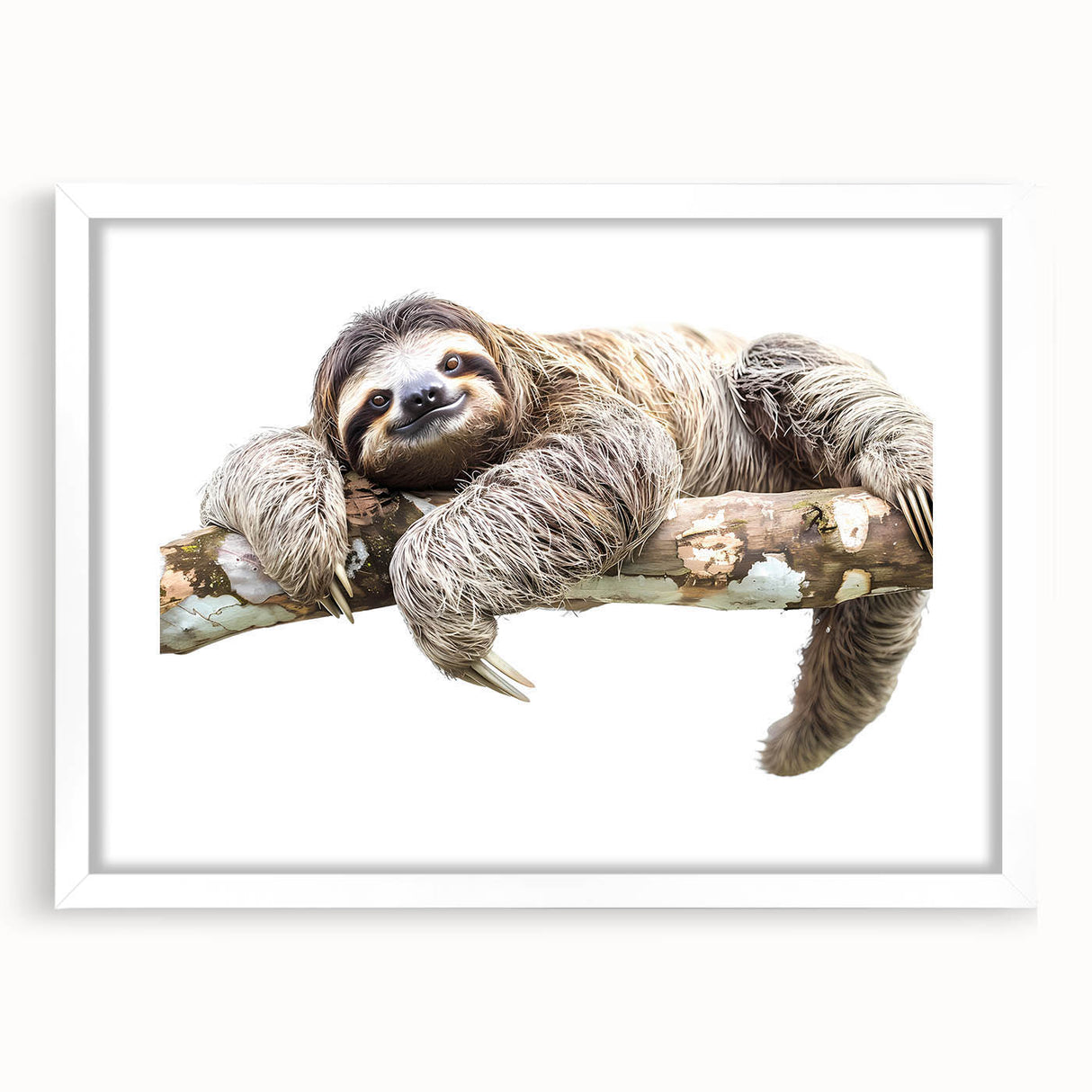 Sloth-themed wall art design framed in white, showcasing vibrant colors and intricate details, ideal for animal lovers and contemporary decor.